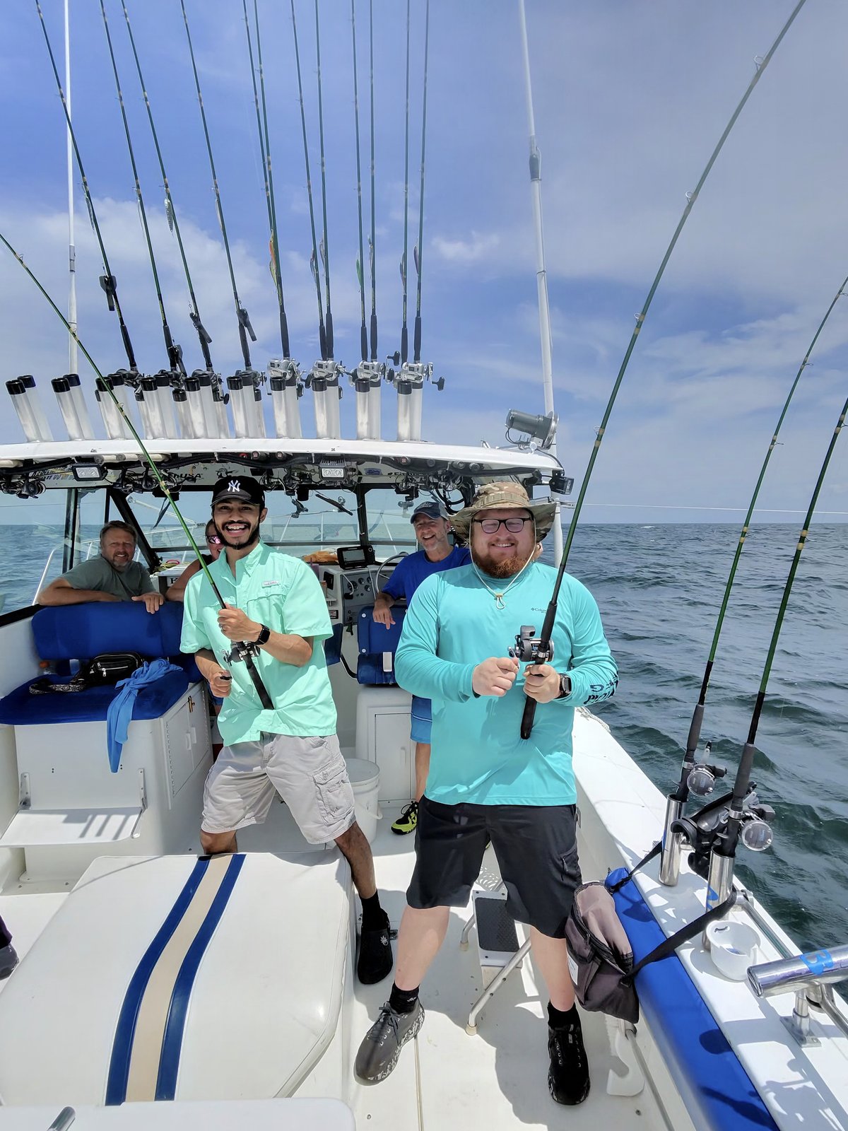 Two Sir Walleye Charters clients ready to fish aboard on Lake Erie's Central Basin