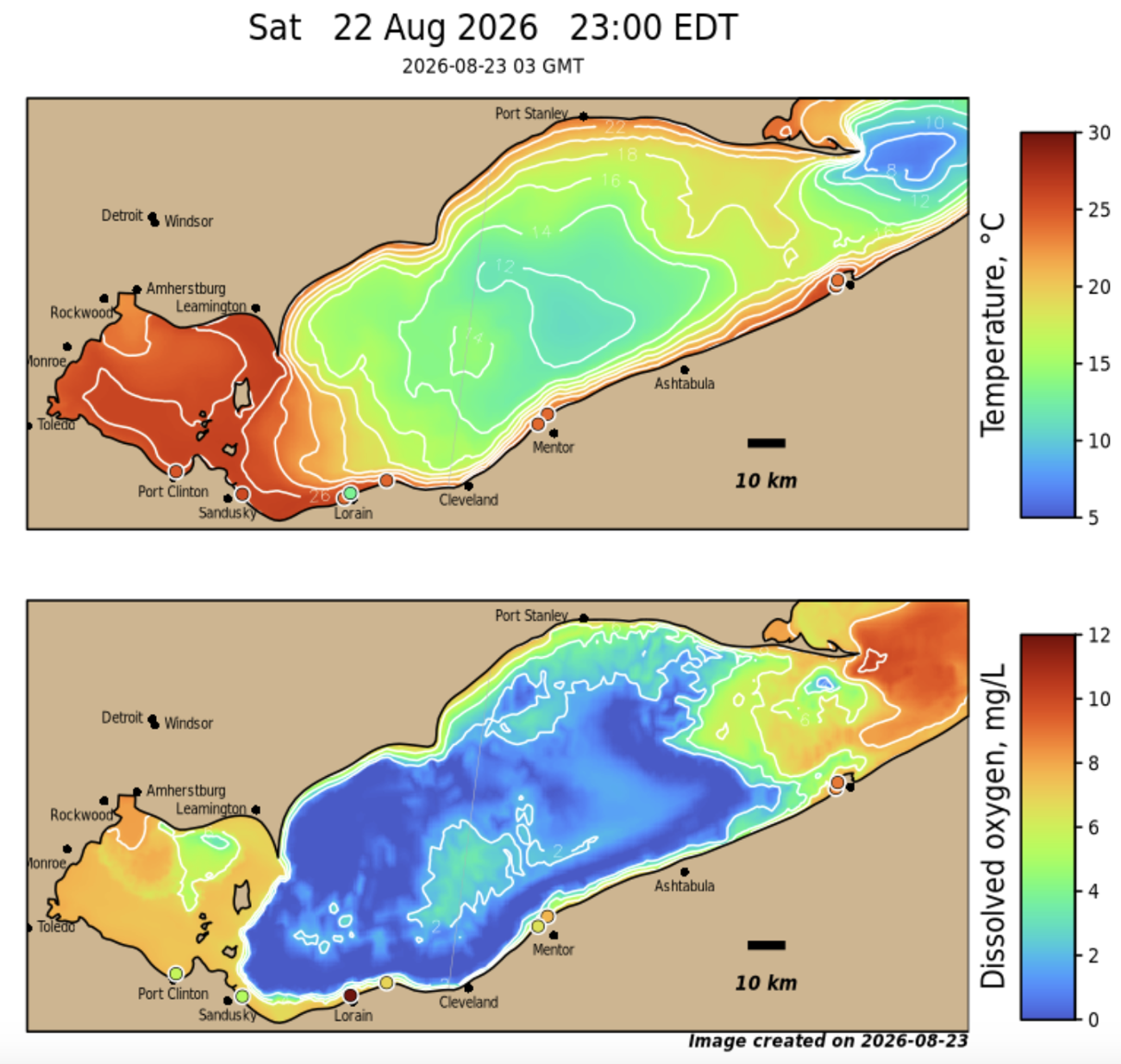 NOAA Lake Erie dissolved-oxygen screenshot showing the hypoxia (low-oxygen) zone in the Central Basin near Lorain, Ohio, August 2026