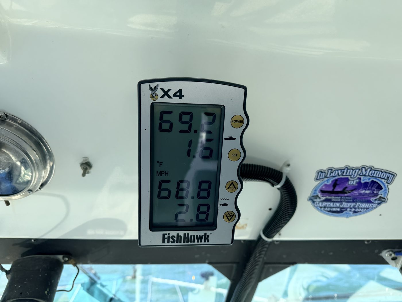 Fish Hawk system showing 69.2 degree surface and 68.8 degree subsurface Lake Erie water temperatures aboard Sir Walleye Charters