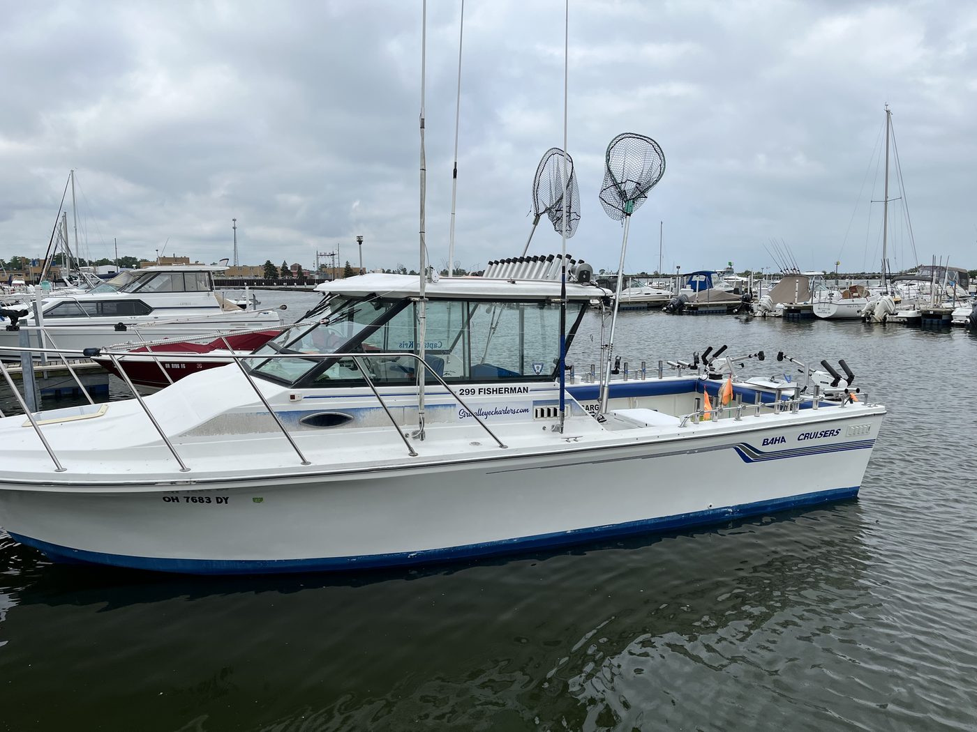 The Sir Walleye Charters Baha 299 Fisherman at the dock in Lorain, Ohio as the 2026 Lake Erie walleye season winds down