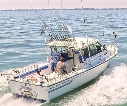 The 30' Sir Walleye charter boat running on Lake Erie